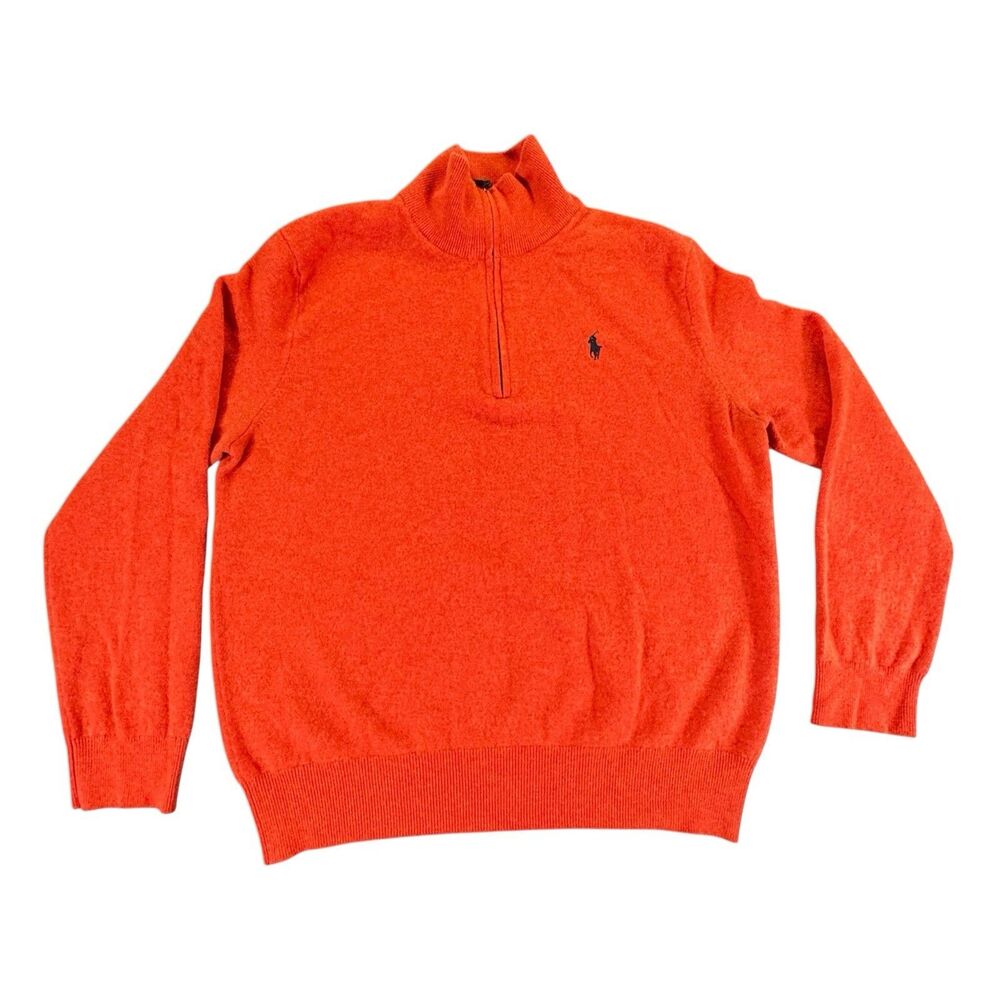 Ralph Lauren Polo Sz L Orange Blue Pony 1/4 Zip Jumper Merino Wool Pullover